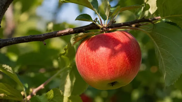 A red apple ripening on a tree branch in dappled summer sunlight.