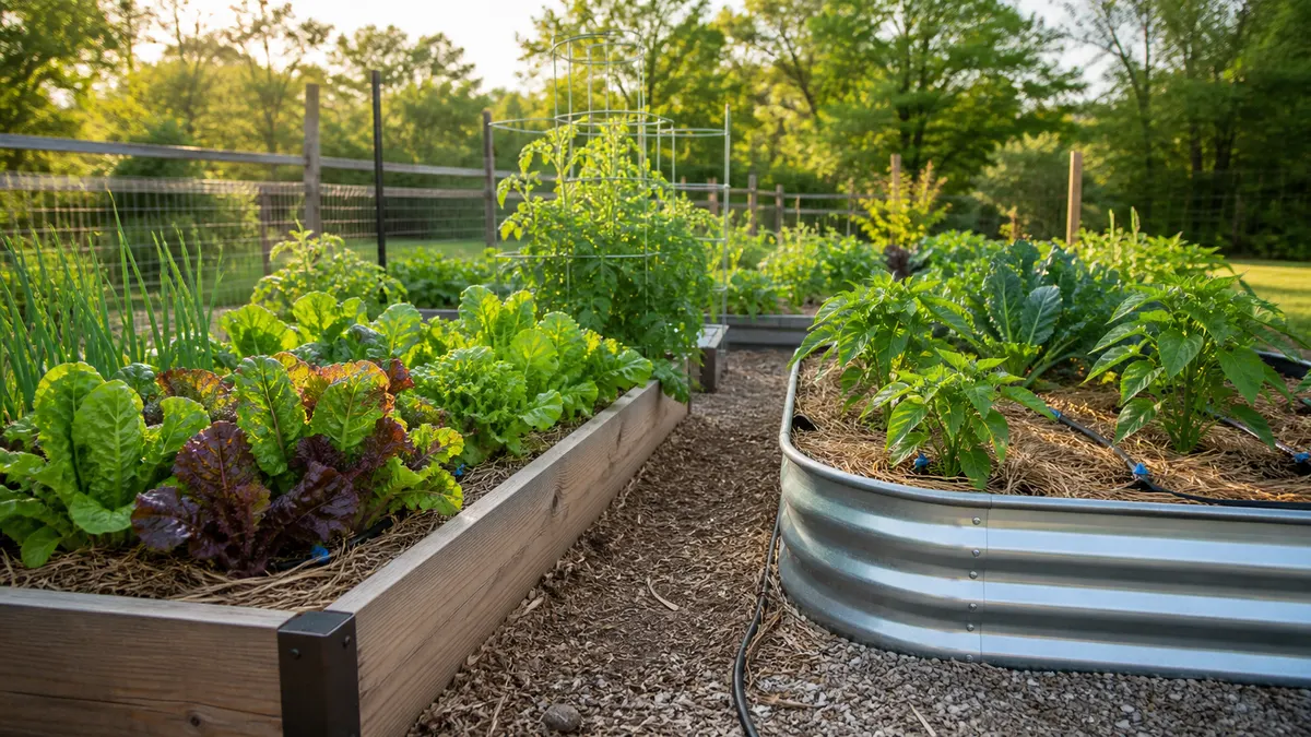 A healthy Zone 6 vegetable garden with raised beds, leafy greens, tomatoes, peppers, mulch, and drip irrigation in warm morning light.